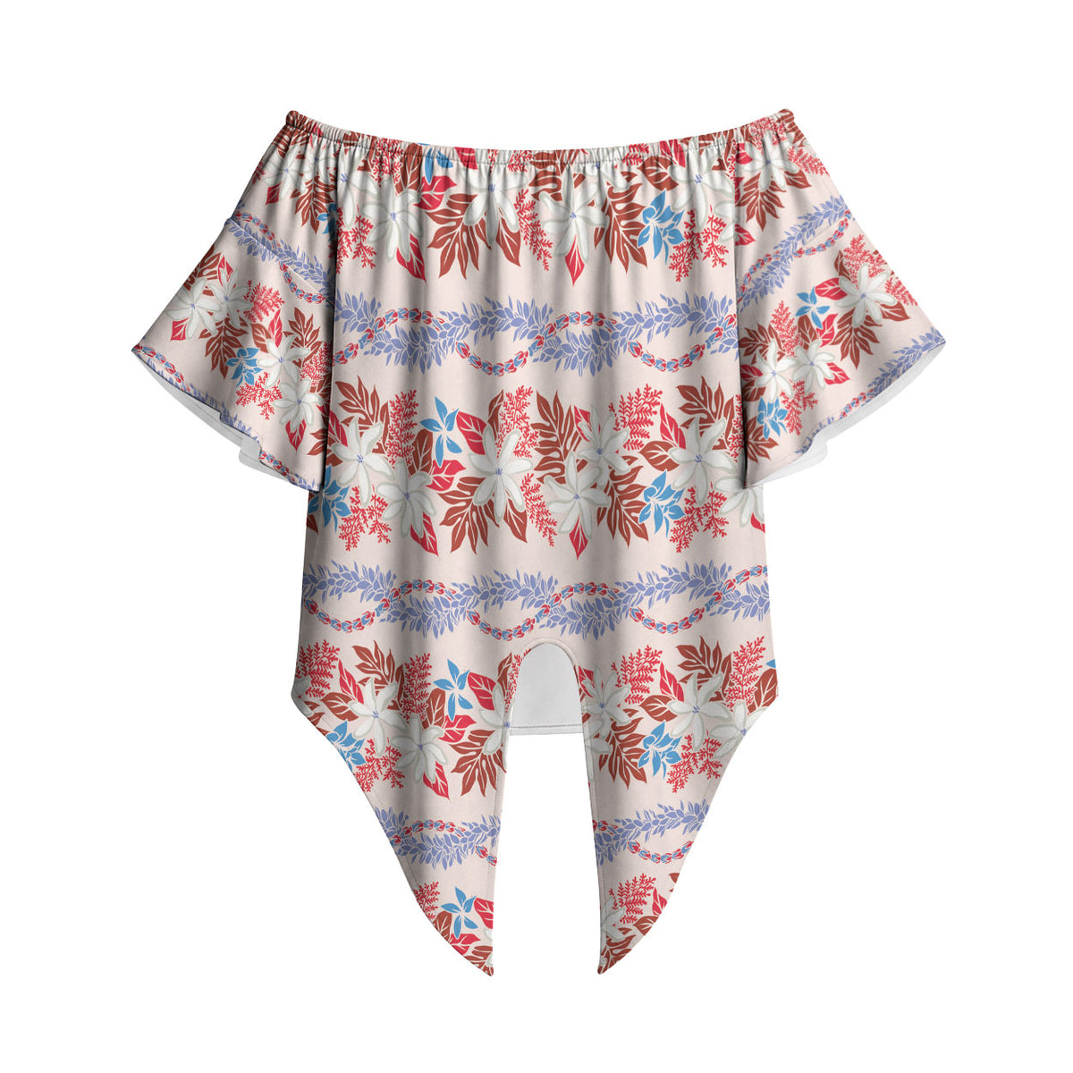 Monstera Tiare Plumeria Lei Pattern Off Shoulder Wrap Waist Top Red Version LT01 - Polynesian Pride