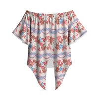 Monstera Tiare Plumeria Lei Pattern Off Shoulder Wrap Waist Top Red Version LT01 - Polynesian Pride
