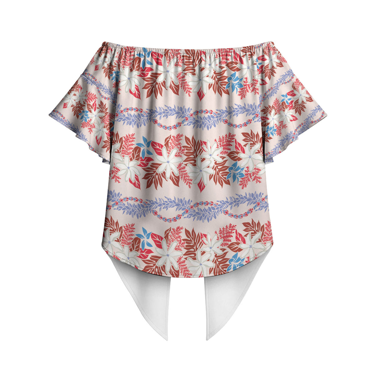 Monstera Tiare Plumeria Lei Pattern Off Shoulder Wrap Waist Top Red Version LT01 - Polynesian Pride