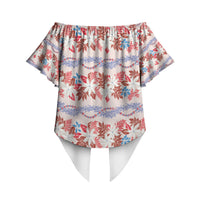 Monstera Tiare Plumeria Lei Pattern Off Shoulder Wrap Waist Top Red Version LT01 - Polynesian Pride