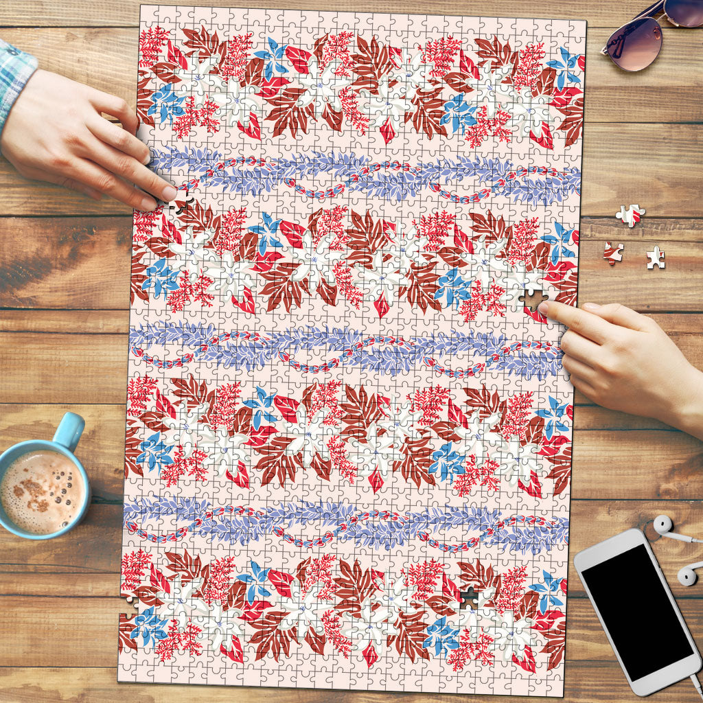 Monstera Tiare Plumeria Lei Pattern Puzzle Red Version
