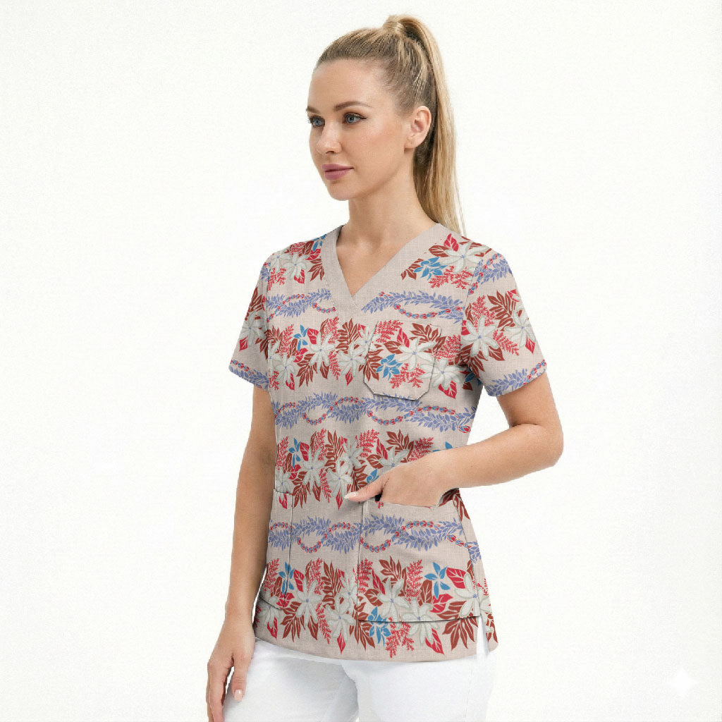 Monstera Tiare Plumeria Lei Pattern Scrub Top Red Version LT01 - Polynesian Pride
