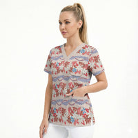 Monstera Tiare Plumeria Lei Pattern Scrub Top Red Version LT01 - Polynesian Pride