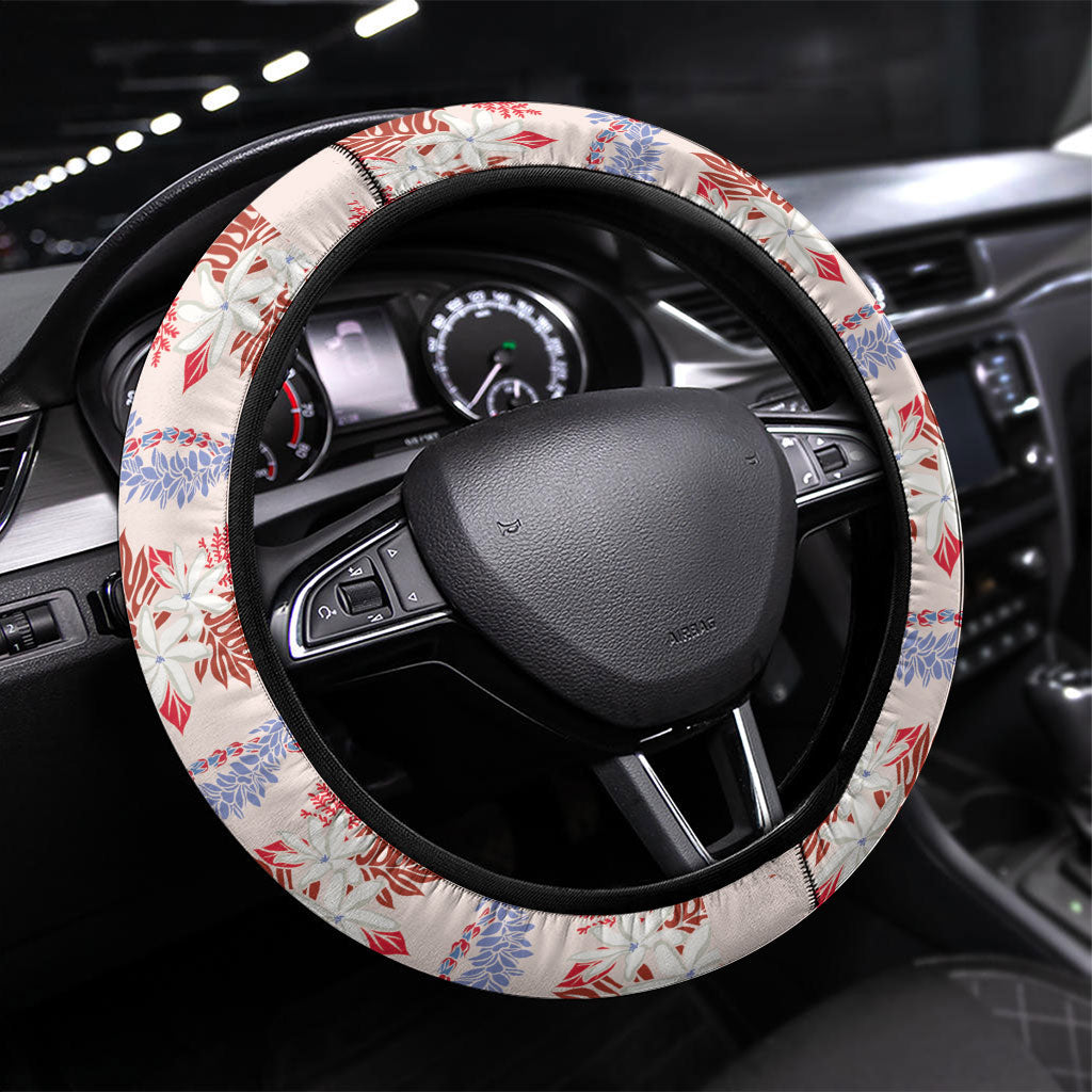 Monstera Tiare Plumeria Lei Pattern Steering Wheel Cover Red Version LT01 Universal Fit Red - Polynesian Pride