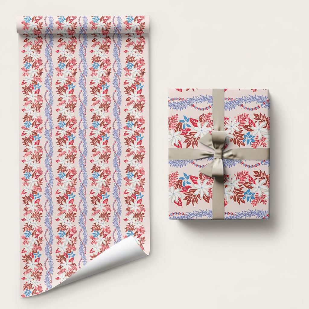 Monstera Tiare Plumeria Lei Pattern Wrapping Paper Red Version LT01 58" × 23" Red - Polynesian Pride