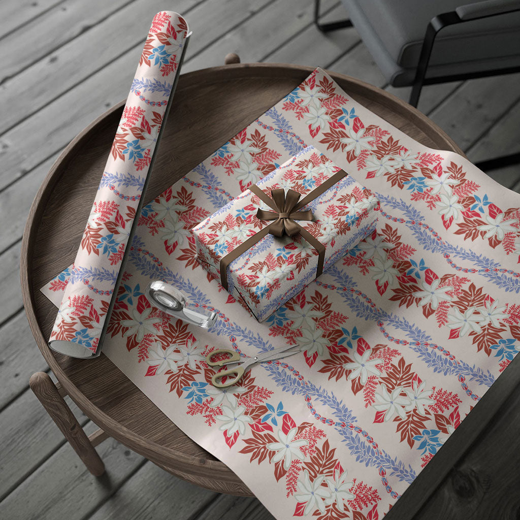 Monstera Tiare Plumeria Lei Pattern Wrapping Paper Red Version