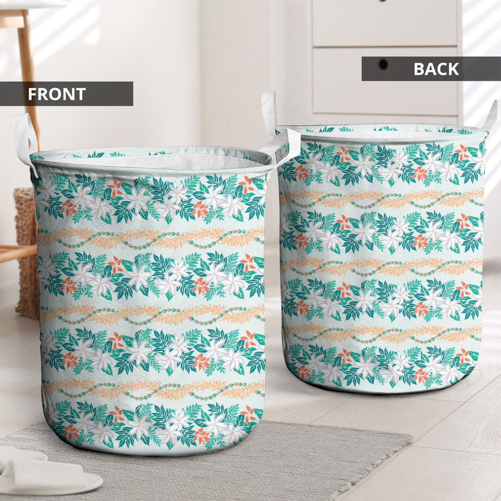 Monstera Tiare Plumeria Lei Pattern Laundry Basket Teal Version