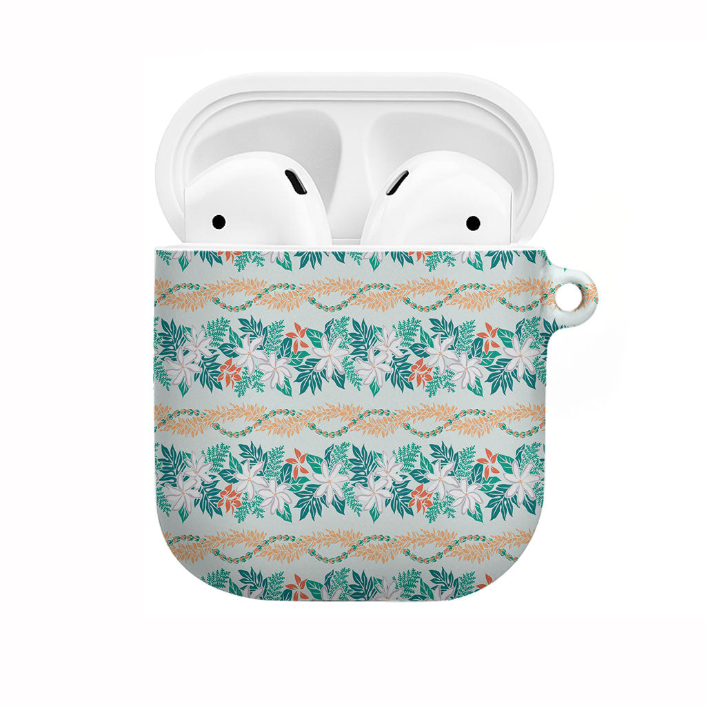 Monstera Tiare Plumeria Lei Pattern AirPods Case Teal Version