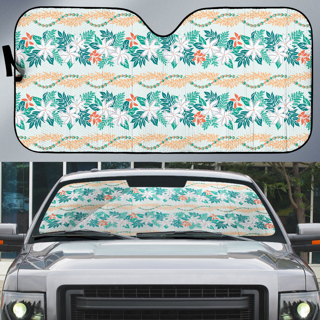 Monstera Tiare Plumeria Lei Pattern Auto Sun Shade Teal Version LT01 Teal - Polynesian Pride