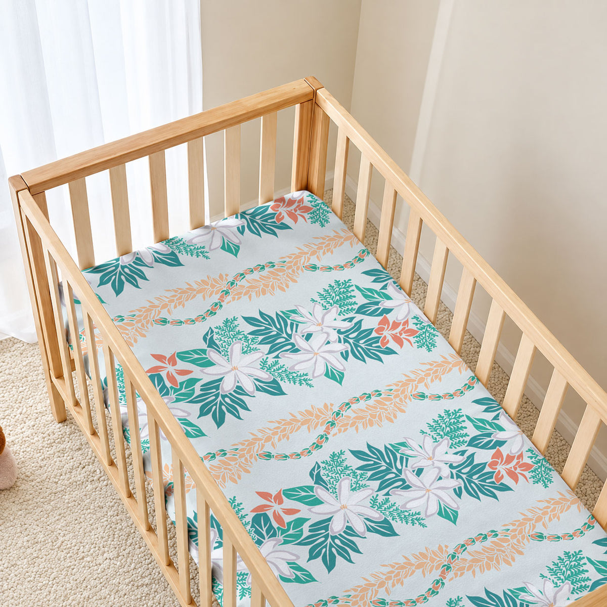 Monstera Tiare Plumeria Lei Pattern Baby Bed Cover Teal Version LT01 - Polynesian Pride