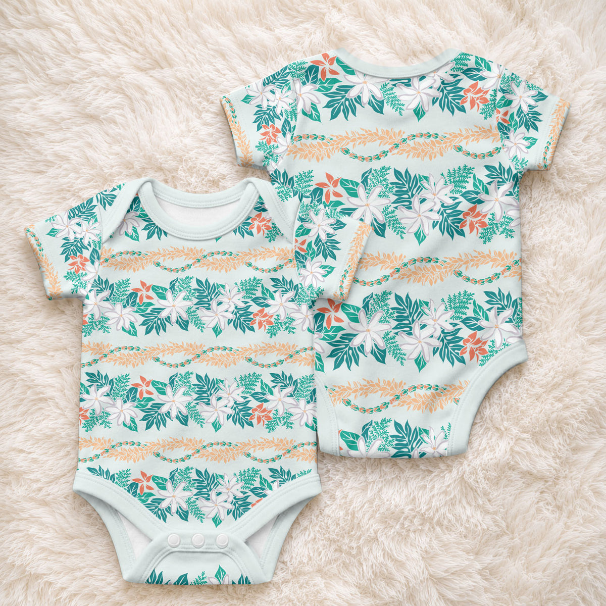 Monstera Tiare Plumeria Lei Pattern Baby Onesie Teal Version LT01 - Polynesian Pride