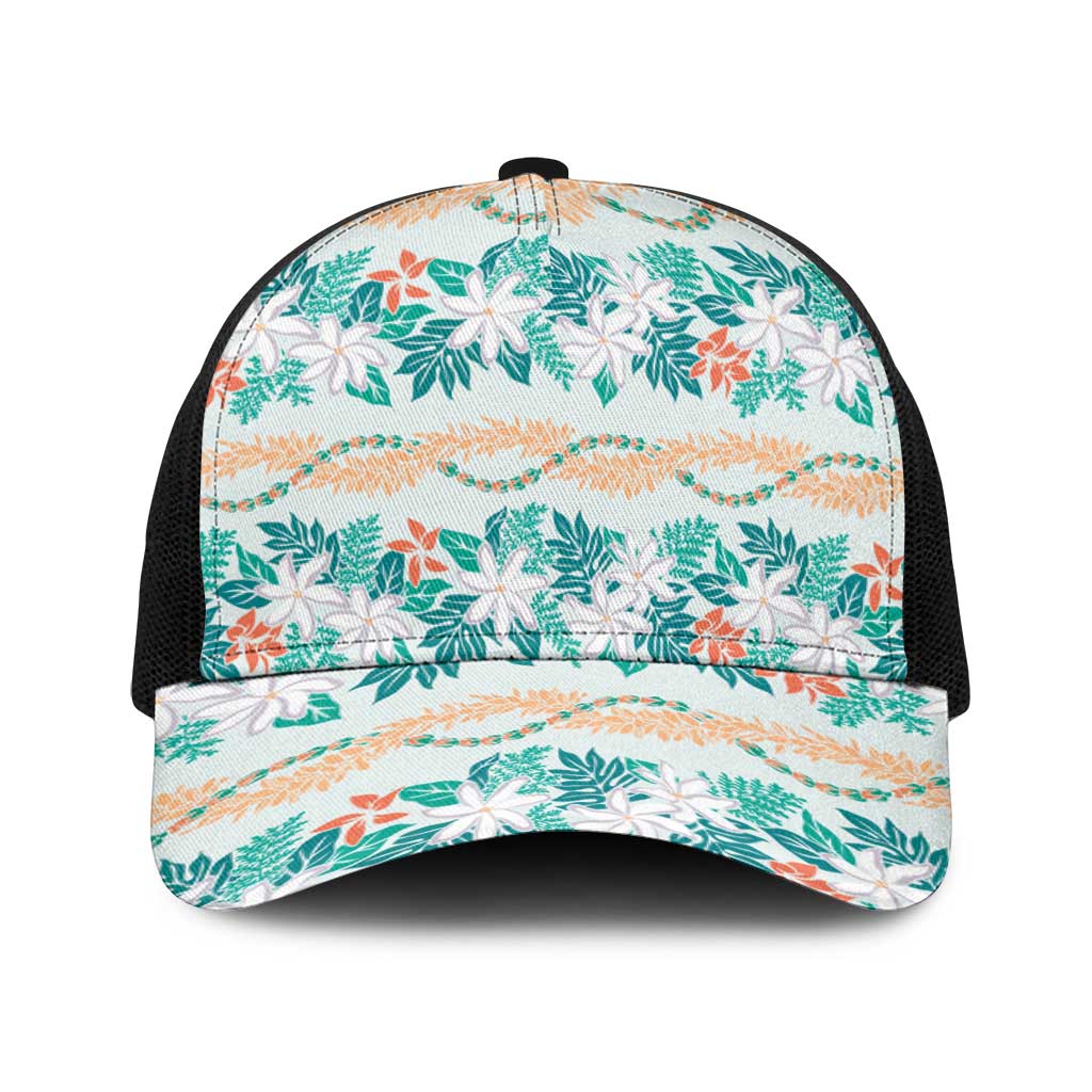 Monstera Tiare Plumeria Lei Pattern Baseball Net Cap Teal Version