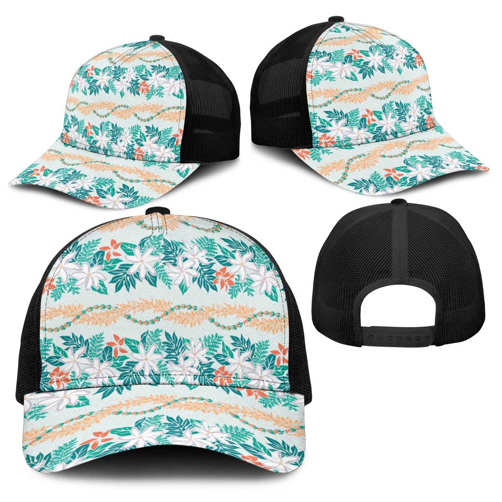 Monstera Tiare Plumeria Lei Pattern Baseball Net Cap Teal Version