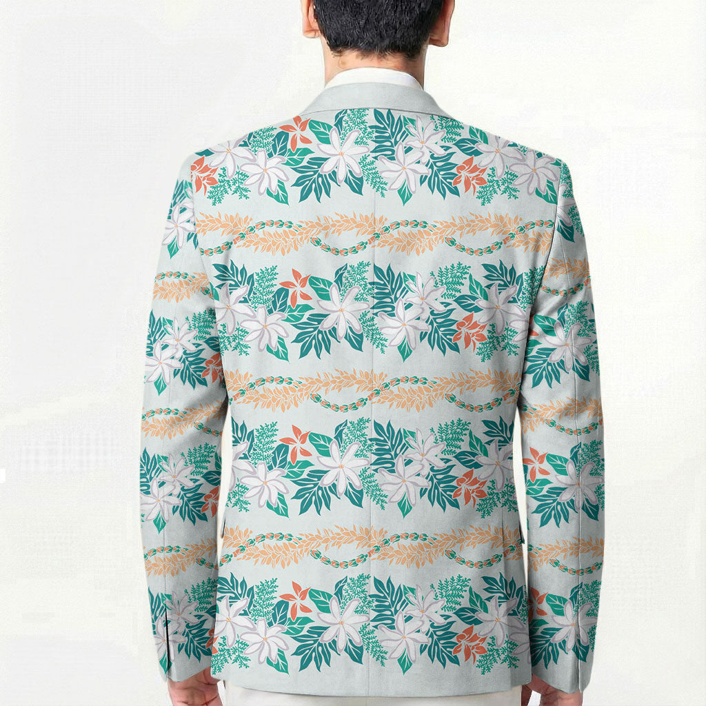 Monstera Tiare Plumeria Lei Pattern Blazer Teal Version LT01 - Polynesian Pride