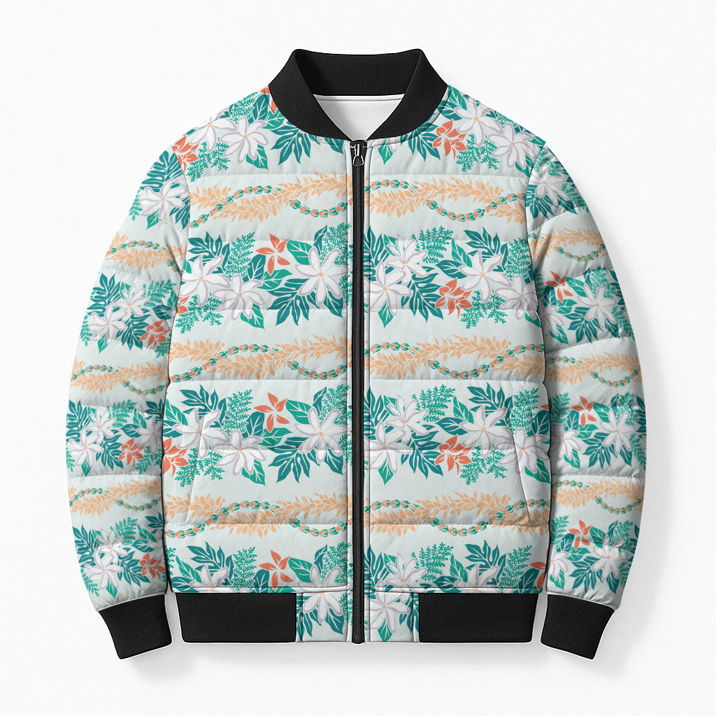 Monstera Tiare Plumeria Lei Pattern Bomber Puffer Jacket Teal Version LT01 Unisex Teal - Polynesian Pride