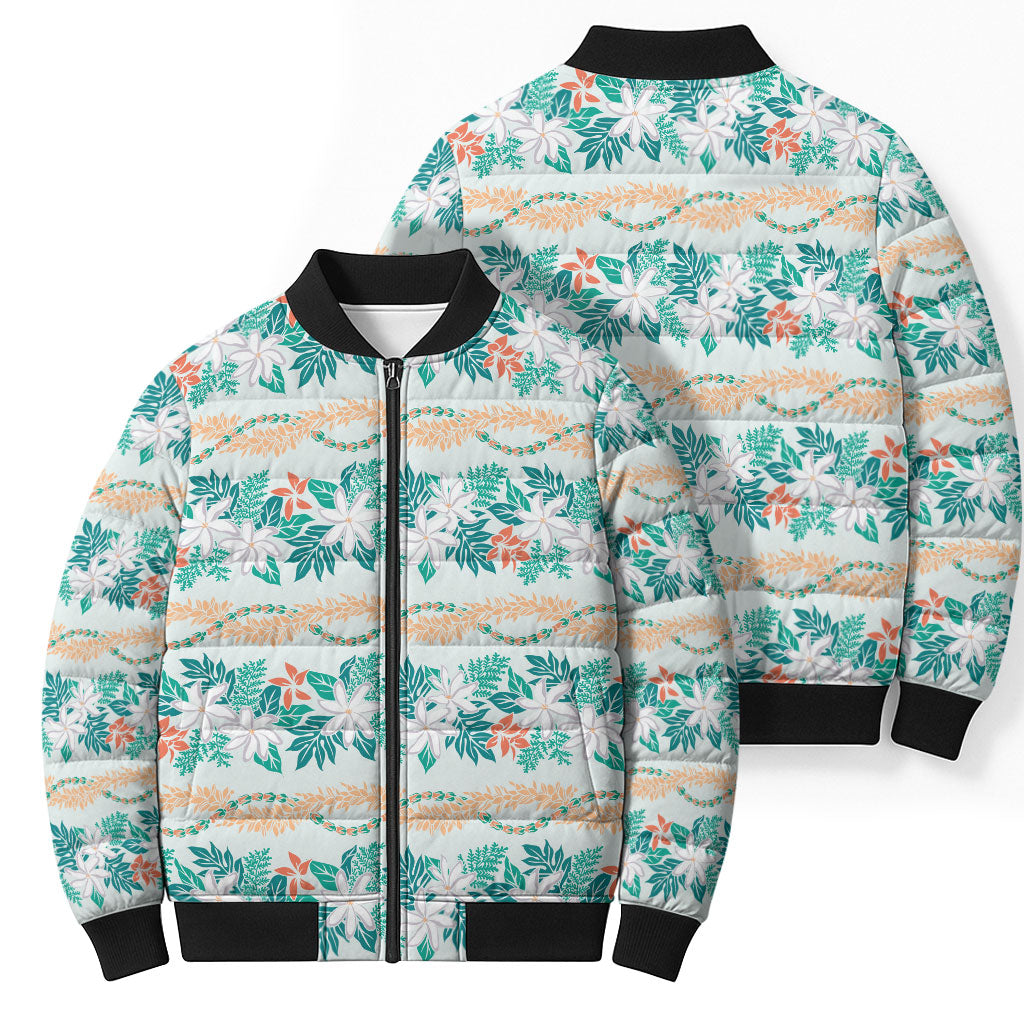 Monstera Tiare Plumeria Lei Pattern Bomber Puffer Jacket Teal Version LT01 - Polynesian Pride