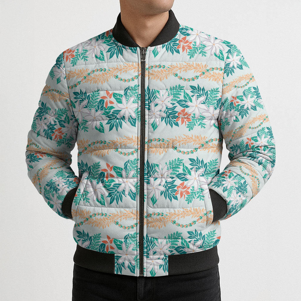 Monstera Tiare Plumeria Lei Pattern Bomber Puffer Jacket Teal Version LT01 - Polynesian Pride