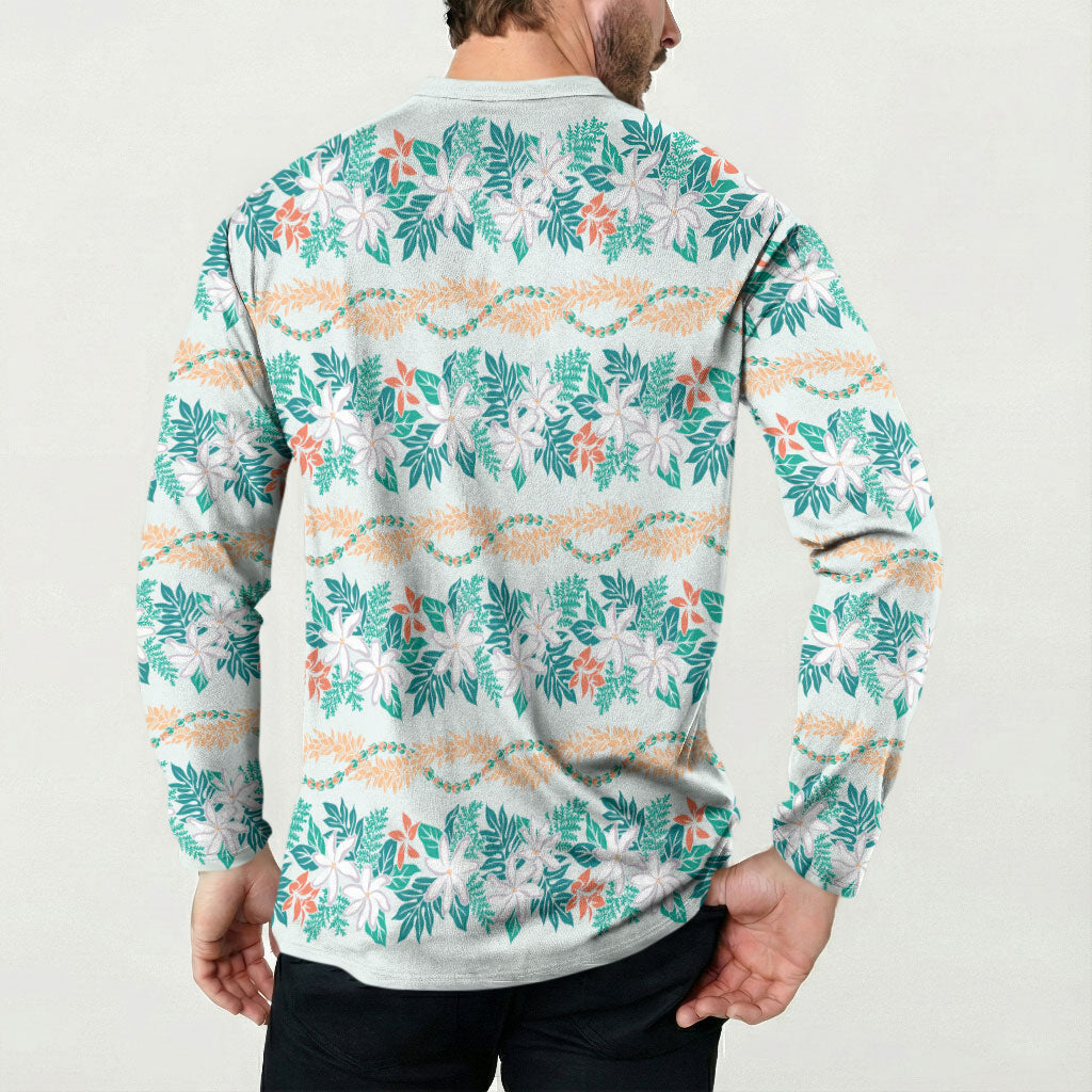 Monstera Tiare Plumeria Lei Pattern Button Sweatshirt Teal Version LT01 - Polynesian Pride