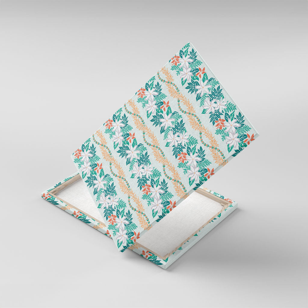 Monstera Tiare Plumeria Lei Pattern Canvas Wall Art Teal Version LT01 With Frame Teal - Polynesian Pride