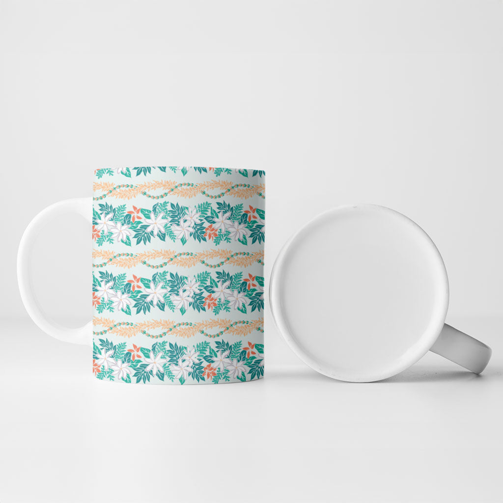 Monstera Tiare Plumeria Lei Pattern Ceramic Mug Teal Version LT01 - Polynesian Pride