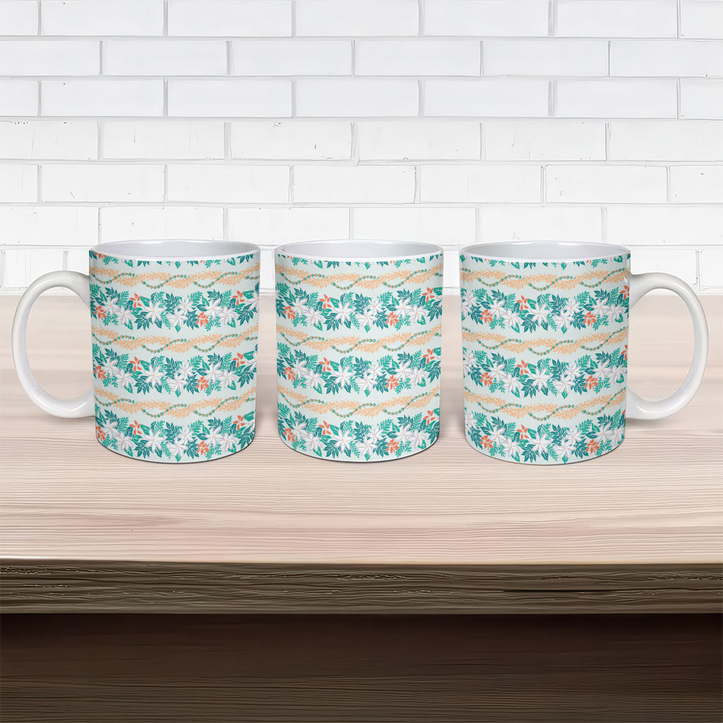 Monstera Tiare Plumeria Lei Pattern Ceramic Mug Teal Version LT01 - Polynesian Pride
