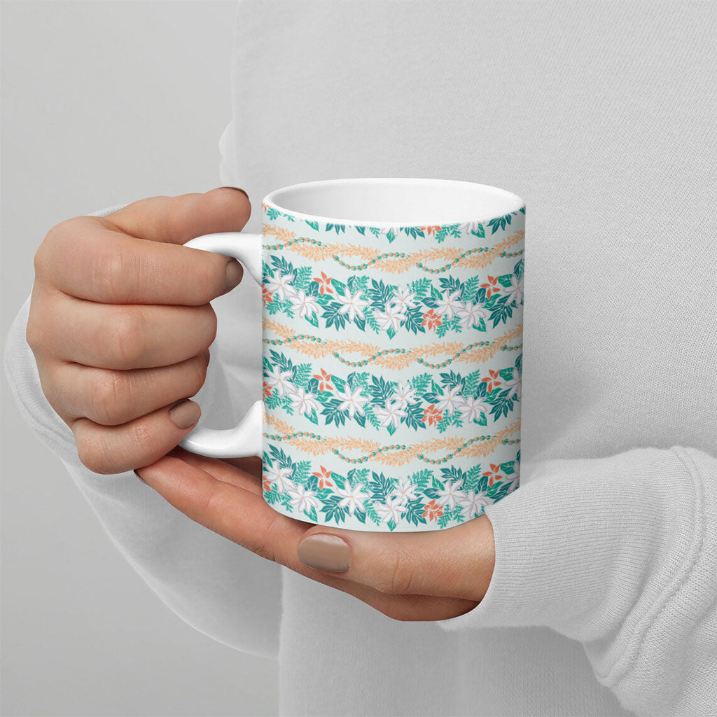 Monstera Tiare Plumeria Lei Pattern Ceramic Mug Teal Version LT01 - Polynesian Pride