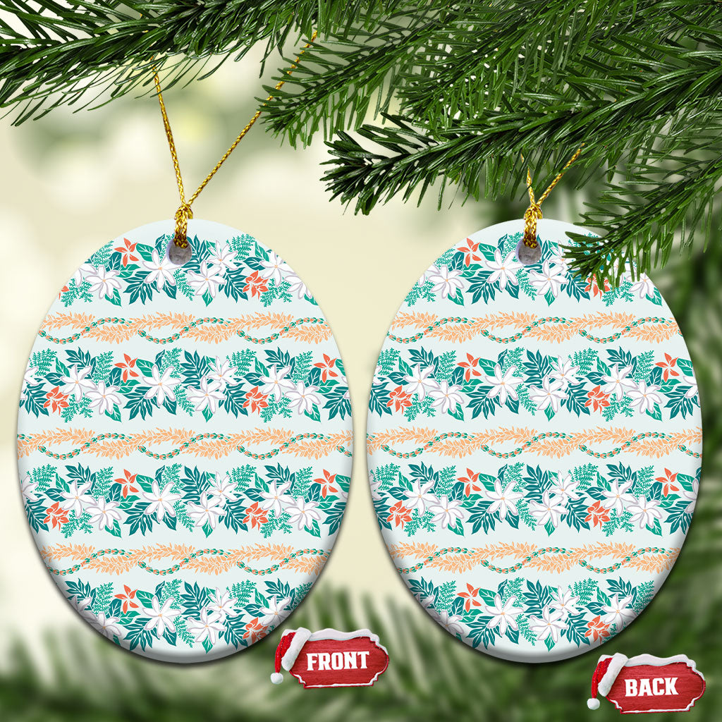 Monstera Tiare Plumeria Lei Pattern Ceramic Ornament Teal Version LT01 Oval Teal - Polynesian Pride