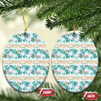 Monstera Tiare Plumeria Lei Pattern Ceramic Ornament Teal Version LT01 Oval Teal - Polynesian Pride