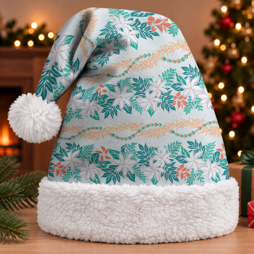 Monstera Tiare Plumeria Lei Pattern Christmas Santa Hat Teal Version LT01 With Fur Teal - Polynesian Pride