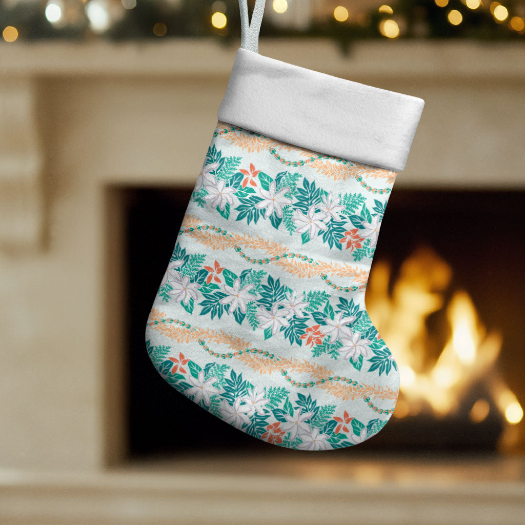 Monstera Tiare Plumeria Lei Pattern Christmas Stocking Teal Version