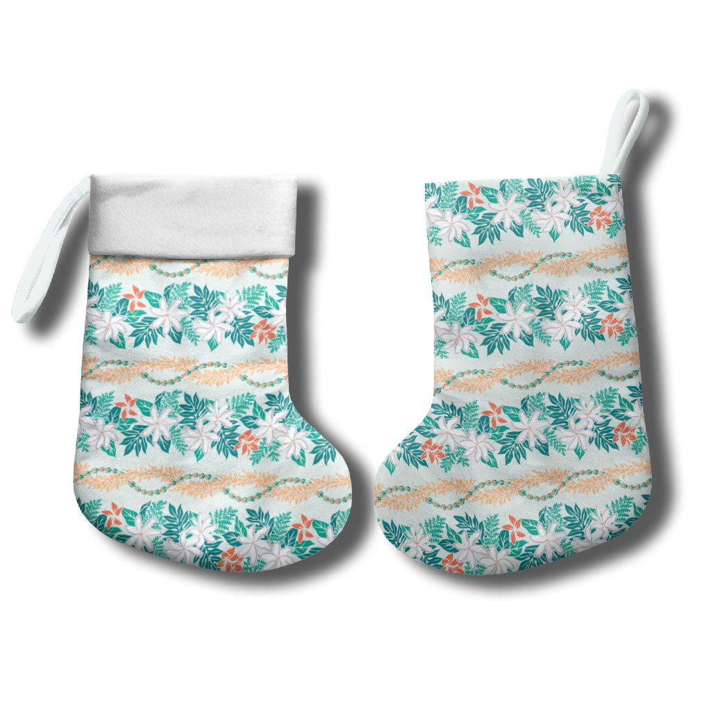Monstera Tiare Plumeria Lei Pattern Christmas Stocking Teal Version