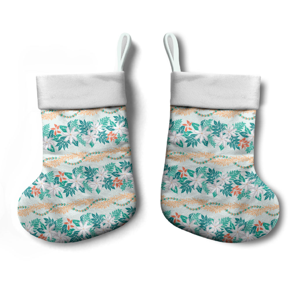Monstera Tiare Plumeria Lei Pattern Christmas Stocking Teal Version