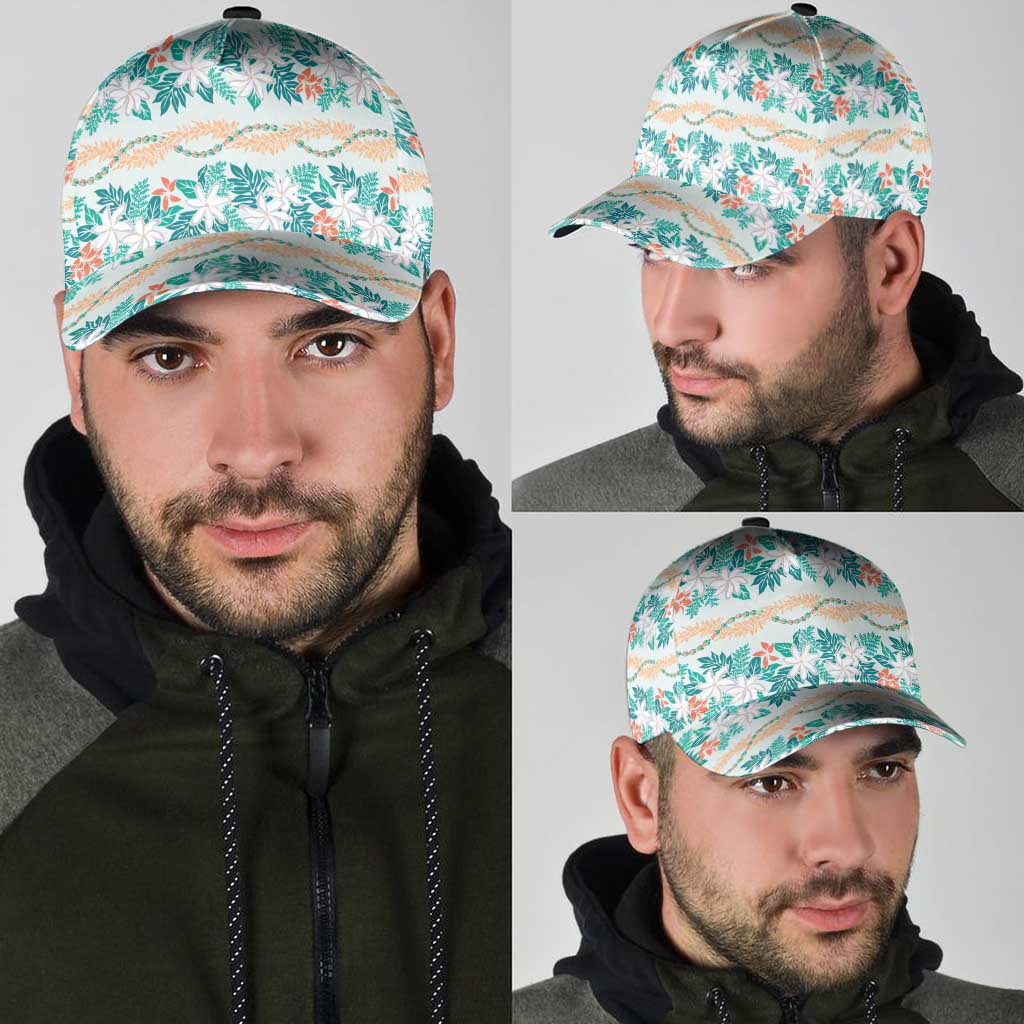 Monstera Tiare Plumeria Lei Pattern Classic Cap Teal Version