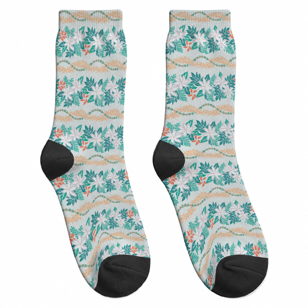 Monstera Tiare Plumeria Lei Pattern Crew Socks Teal Version