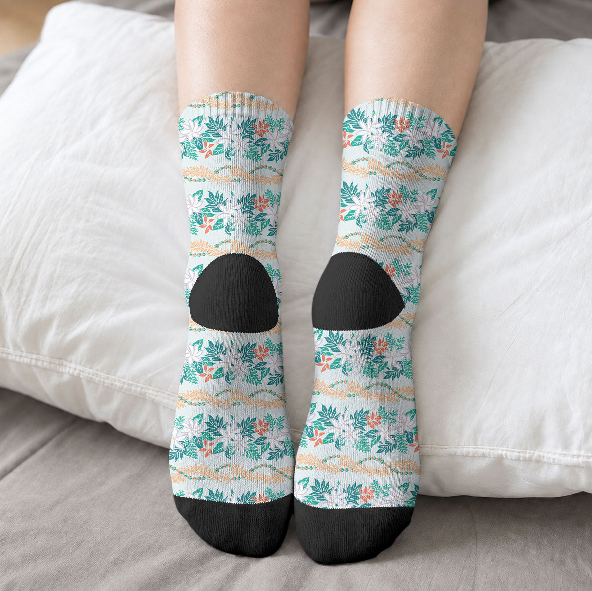 Monstera Tiare Plumeria Lei Pattern Crew Socks Teal Version