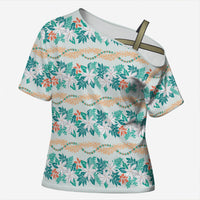 Monstera Tiare Plumeria Lei Pattern Cross Shoulder Shirt Teal Version