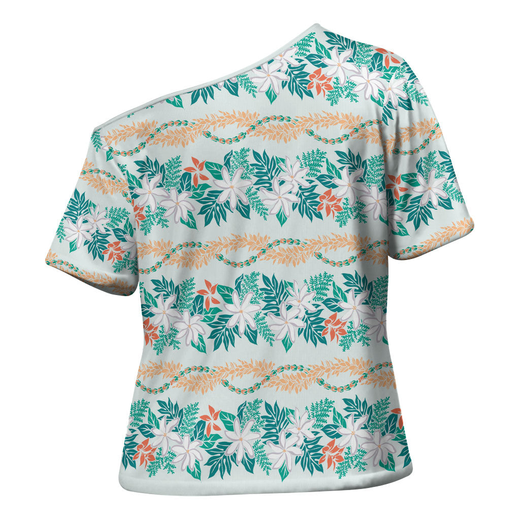 Monstera Tiare Plumeria Lei Pattern Cross Shoulder Shirt Teal Version