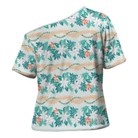 Monstera Tiare Plumeria Lei Pattern Cross Shoulder Shirt Teal Version