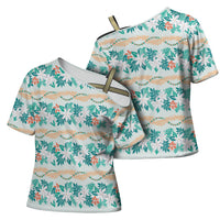 Monstera Tiare Plumeria Lei Pattern Cross Shoulder Shirt Teal Version