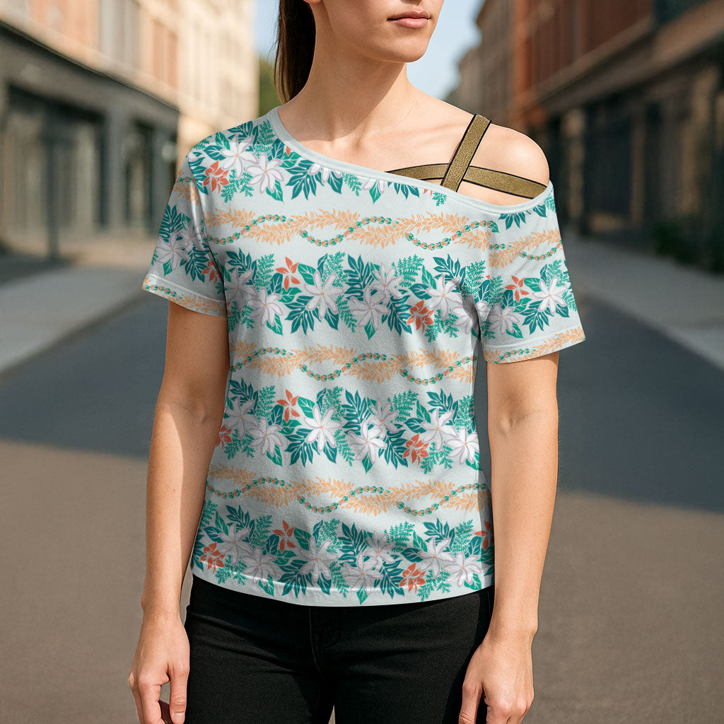 Monstera Tiare Plumeria Lei Pattern Cross Shoulder Shirt Teal Version