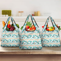 Monstera Tiare Plumeria Lei Pattern Grocery Bag Teal Version LT01 3-pack One Size Teal - Polynesian Pride