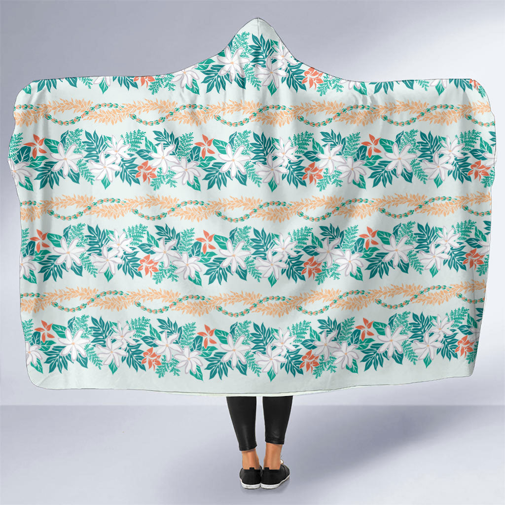 Monstera Tiare Plumeria Lei Pattern Hooded Blanket Teal Version LT01 One Size Teal - Polynesian Pride