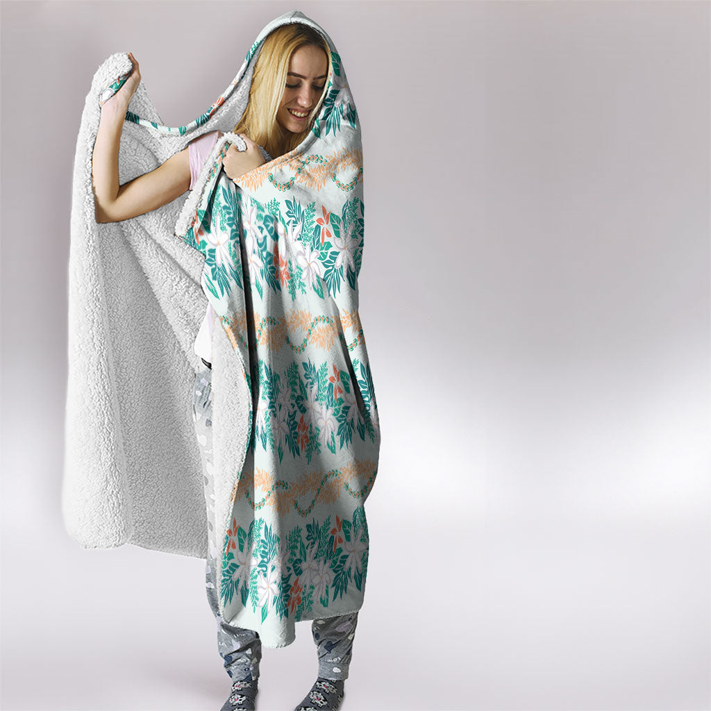 Monstera Tiare Plumeria Lei Pattern Hooded Blanket Teal Version LT01 - Polynesian Pride