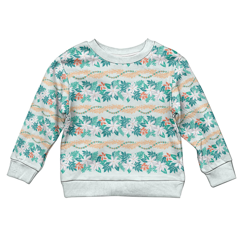 Monstera Tiare Plumeria Lei Pattern Kid Ugly Christmas Sweater Teal Version LT01 Kid Teal - Polynesian Pride