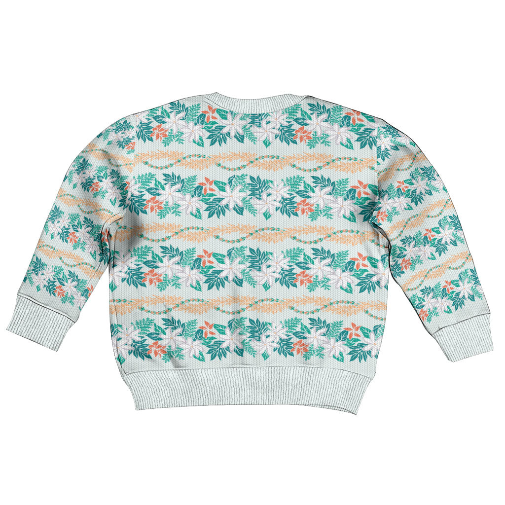 Monstera Tiare Plumeria Lei Pattern Kid Ugly Christmas Sweater Teal Version