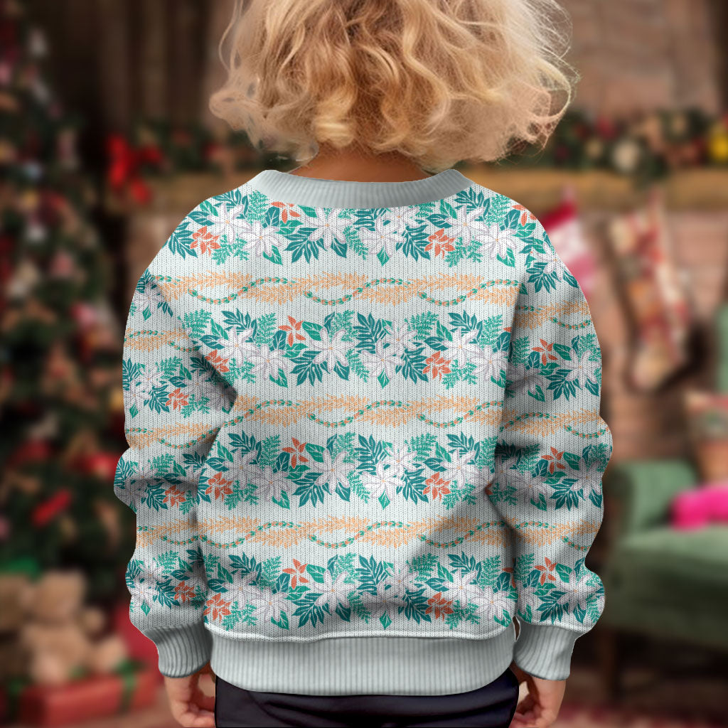 Monstera Tiare Plumeria Lei Pattern Kid Ugly Christmas Sweater Teal Version