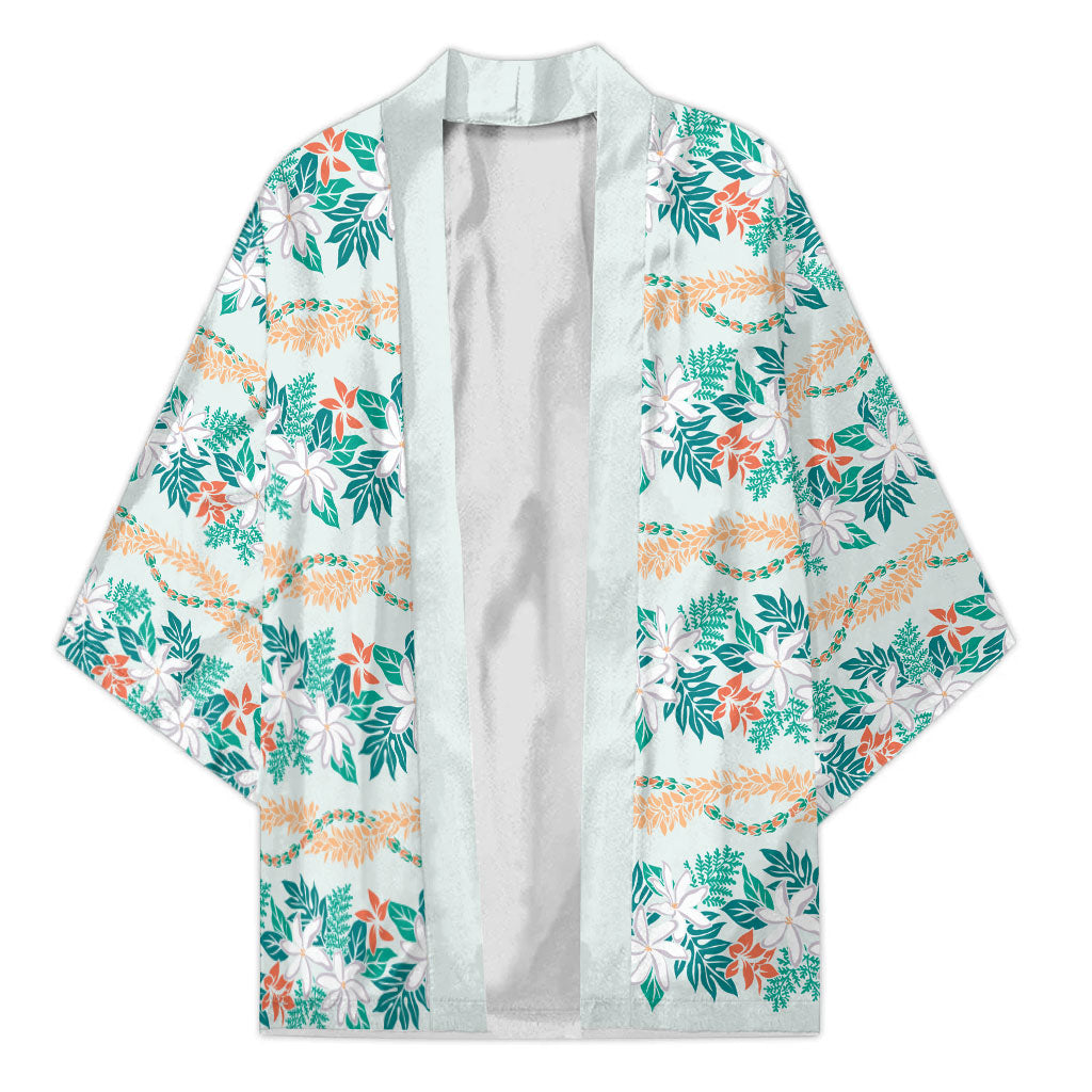 Monstera Tiare Plumeria Lei Pattern Kimono Teal Version LT01 Unisex Teal - Polynesian Pride