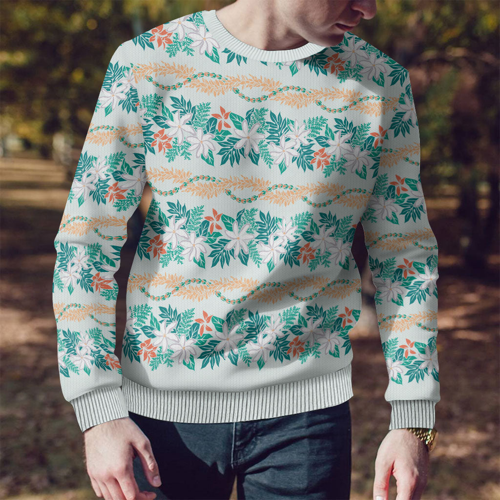 Monstera Tiare Plumeria Lei Pattern Ugly Christmas Sweater Teal Version LT01 - Polynesian Pride