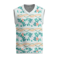 Monstera Tiare Plumeria Lei Pattern Christmas Knitted V-Neck Vest Teal Version