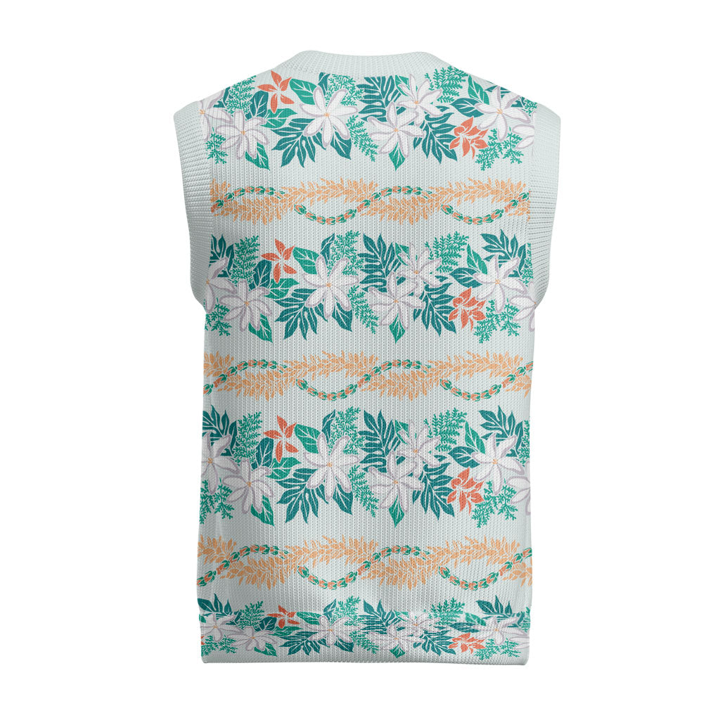 Monstera Tiare Plumeria Lei Pattern Christmas Knitted V-Neck Vest Teal Version